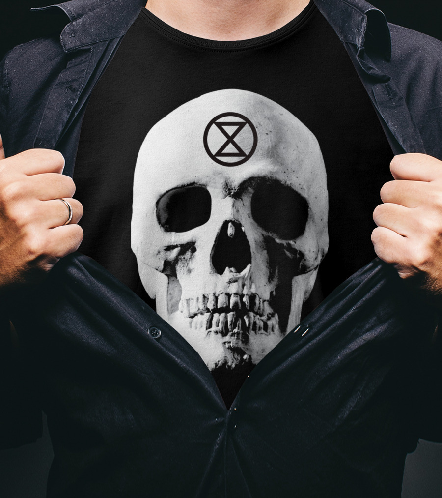 Extinction Rebellion Skull With Hourglass Symbol In Deadly Warning T-Shirt
