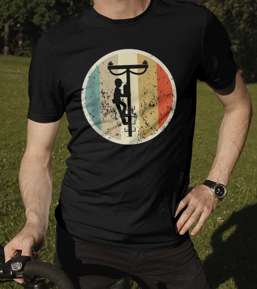 High Voltage Electrician Climbing Power Pole Retro Vintage Electrical T-Shirt