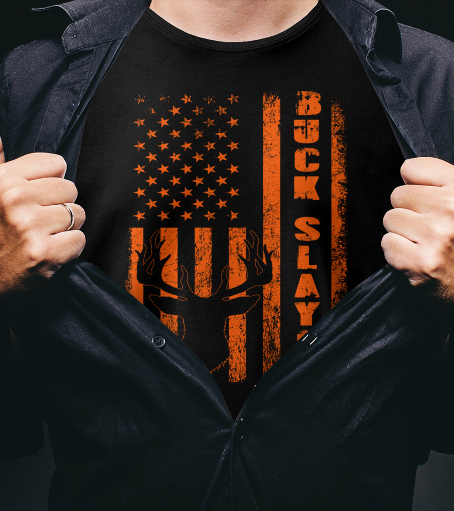 Hunting Blaze Orange Buck Slayer Patriotic Flag Deer T-Shirt