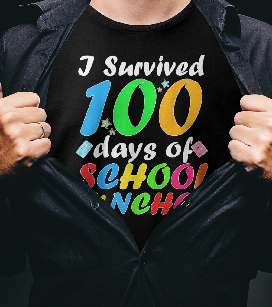 I Survived 100 Days Of School Lunches Colorful Stars And Playful Faces T-Shirt