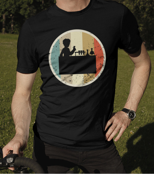 Silhouette Of Laboratory Chemist Technician Science With Retro Stripes T-Shirt