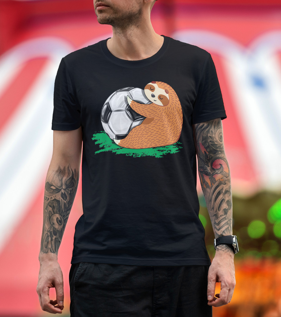 Lazy Sloth Soccer Lover Team Ball Sport Hugging Giant Soccer Ball T-Shirt