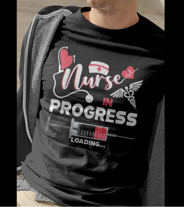 Nurse In Progress Loading Please Wait With Medical Symbols And Heart Motif T-Shirt
