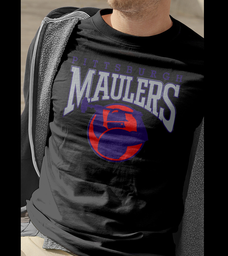 Pittsburgh Maulers Football Team Logo With Hammer Icon In Blue And Red T-Shirt