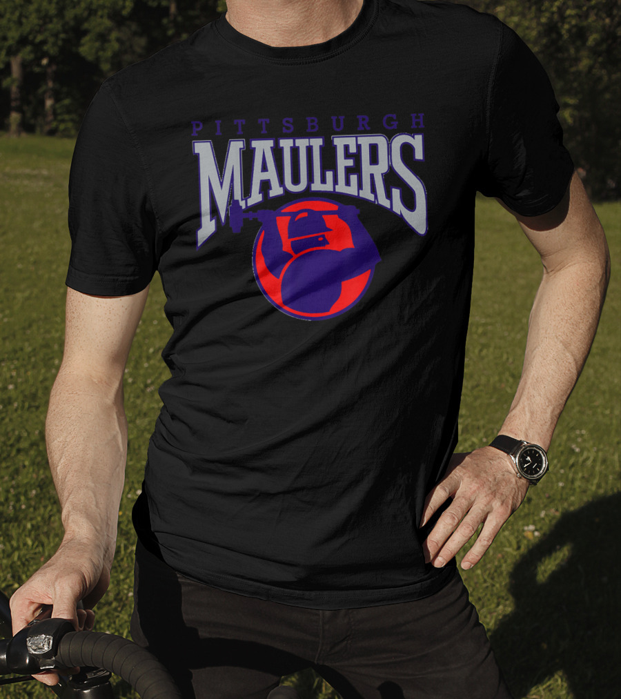 Pittsburgh Maulers Football Team Logo With Hammer Icon In Blue And Red T-Shirt