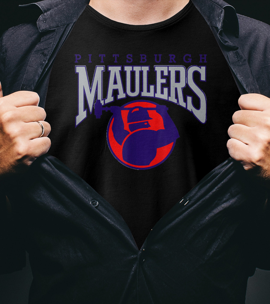 Pittsburgh Maulers Football Team Logo With Hammer Icon In Blue And Red T-Shirt
