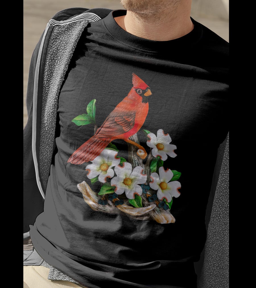 Red Cardinal Birds With White Flowering Blossoms T-Shirt