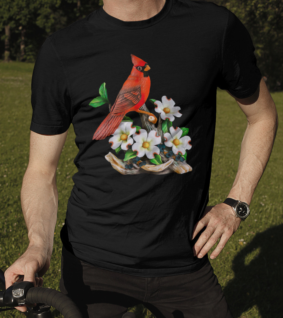 Red Cardinal Birds With White Flowering Blossoms T-Shirt