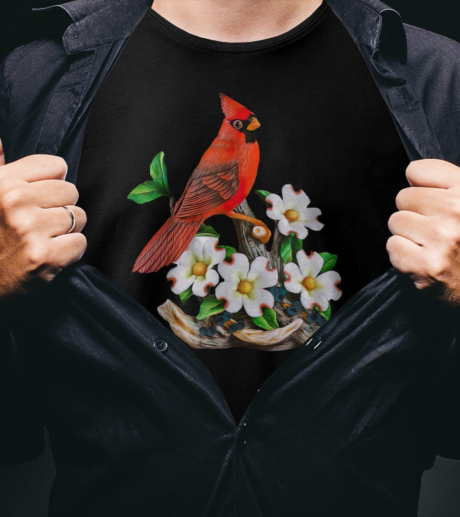 Red Cardinal Birds With White Flowering Blossoms T-Shirt