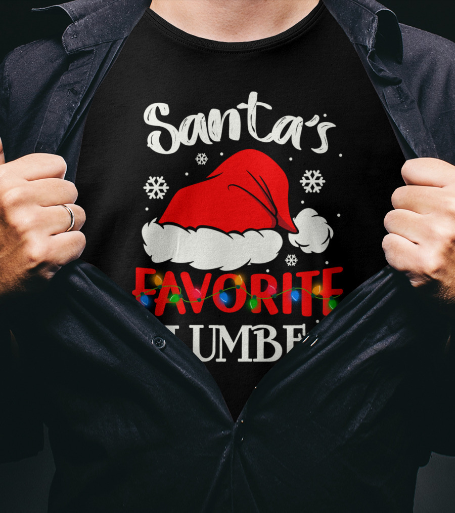 Santa's Favorite Plumber Christmas Hat Snowflakes Lights T-Shirt