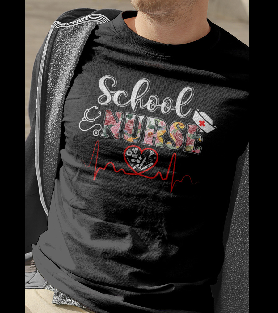 School Nurse Medical Nursing Heartbeat Stethoscope Hat Nurse T-Shirt