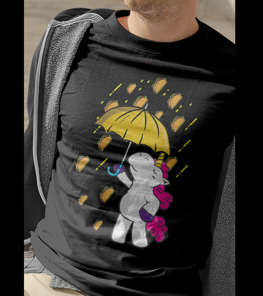 Its Raining Tacos Funny Unicorn Holding Yellow Umbrella T-Shirt
