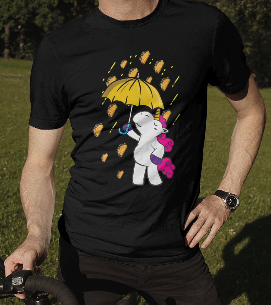 Its Raining Tacos Funny Unicorn Holding Yellow Umbrella T-Shirt