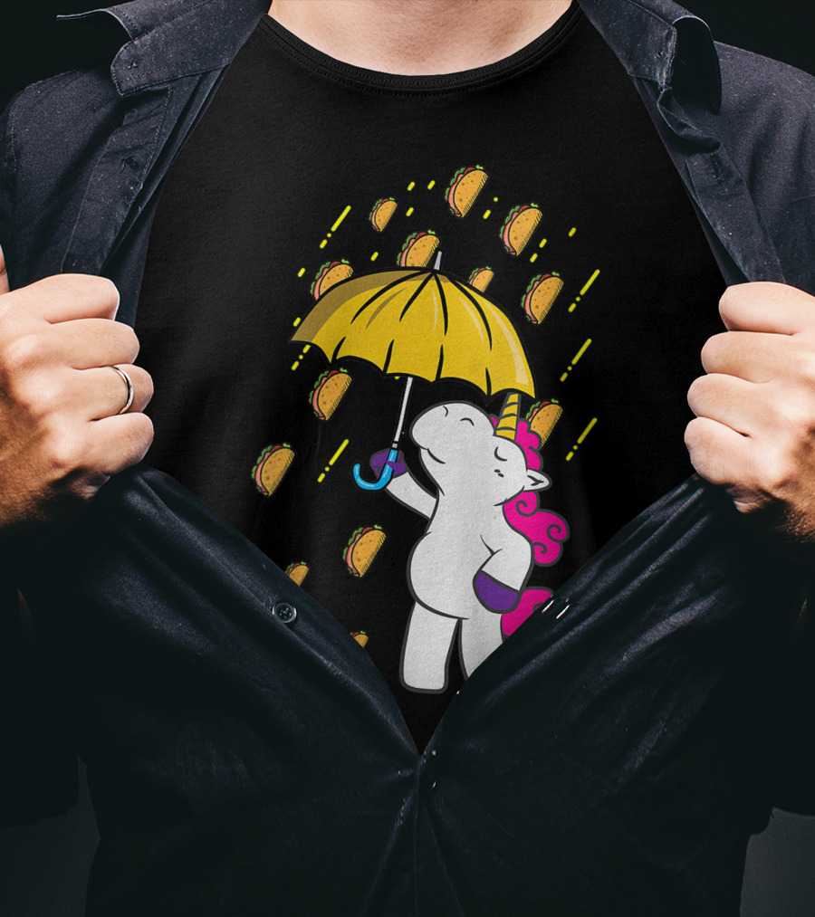 Its Raining Tacos Funny Unicorn Holding Yellow Umbrella T-Shirt