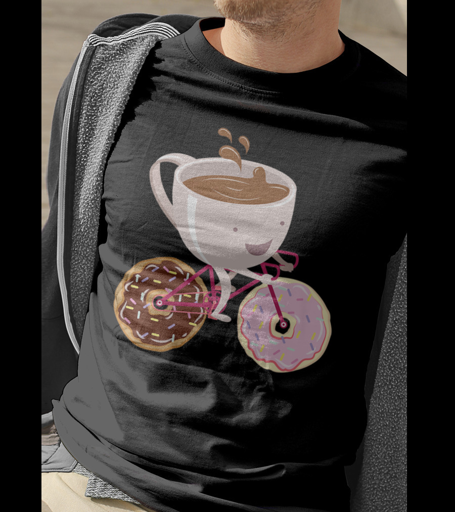 Coffee Cup Riding Bicycle With Donut Wheels Hand Drawn T-Shirt