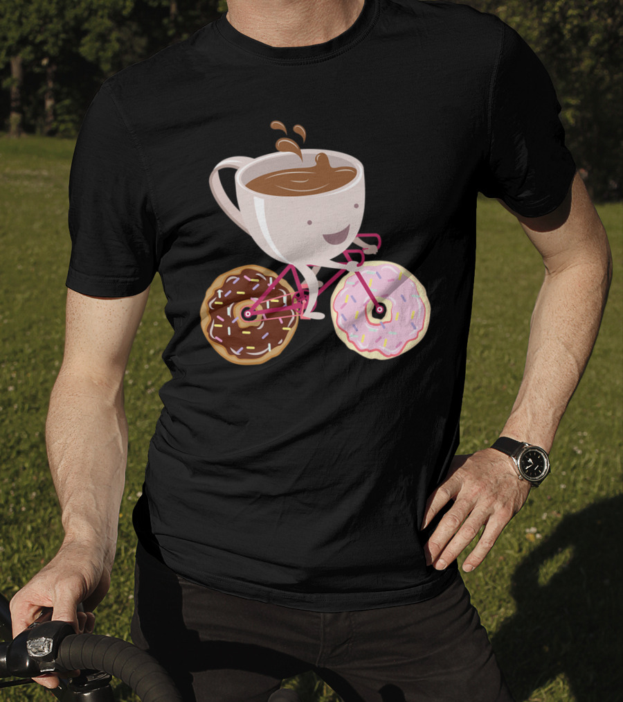 Coffee Cup Riding Bicycle With Donut Wheels Hand Drawn T-Shirt