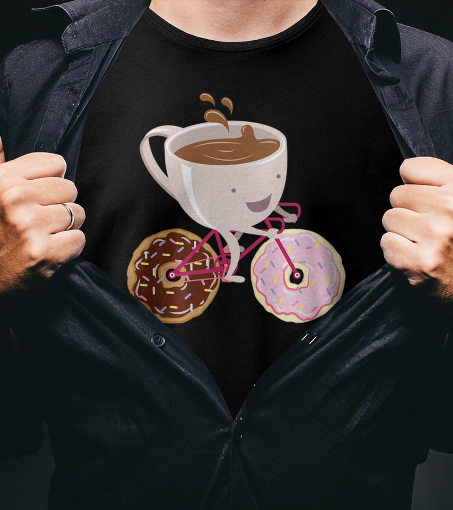 Coffee Cup Riding Bicycle With Donut Wheels Hand Drawn T-Shirt