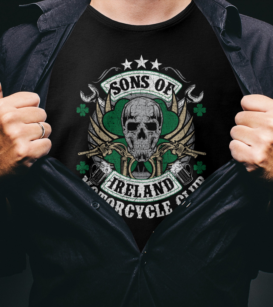 Sons Of Ireland Motorcycle Club Skull Shamrock Wings Biker T-Shirt