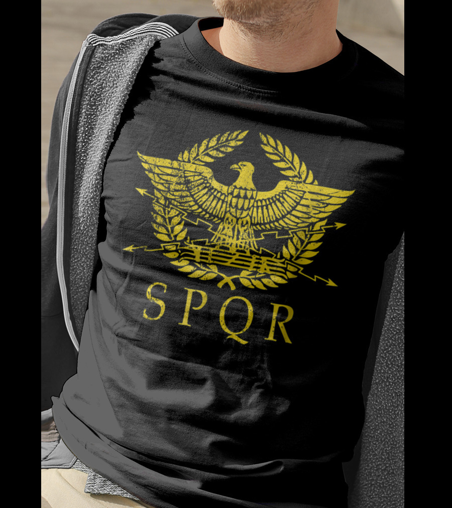 SPQR Distressed Ancient Rome Gold Eagle Laurel Emblem T-Shirt