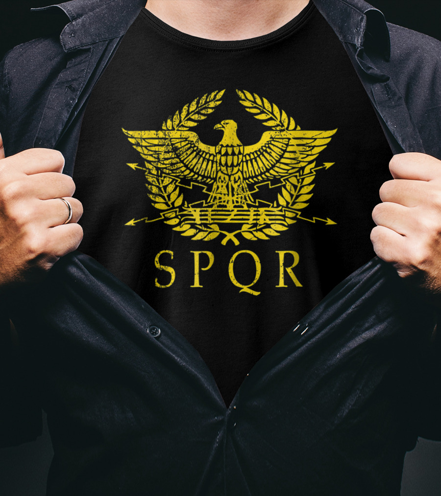 SPQR Distressed Ancient Rome Gold Eagle Laurel Emblem T-Shirt