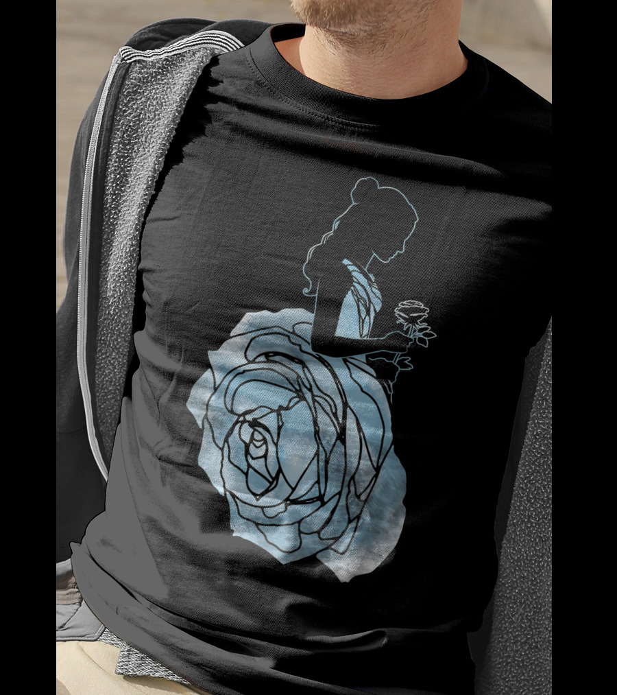 Disney Beauty And The Beast Belle Silhouette Blue Rose Dress T-Shirt