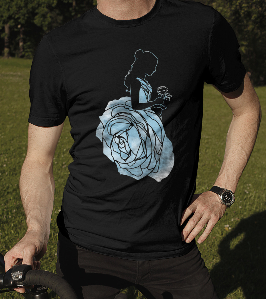 Disney Beauty And The Beast Belle Silhouette Blue Rose Dress T-Shirt