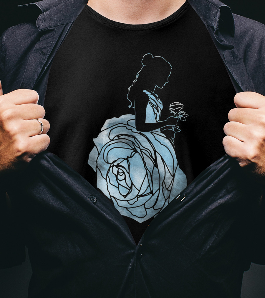 Disney Beauty And The Beast Belle Silhouette Blue Rose Dress T-Shirt