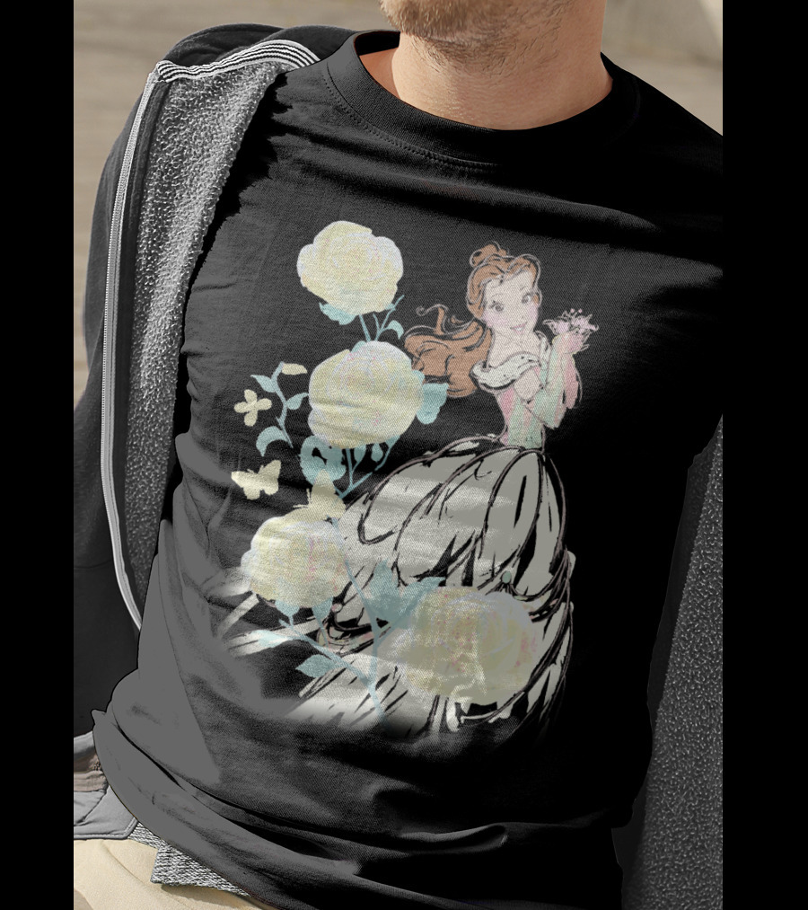 Disney Beauty The Beast Belle Yellow Watercolor Rose Butterfly T-Shirt