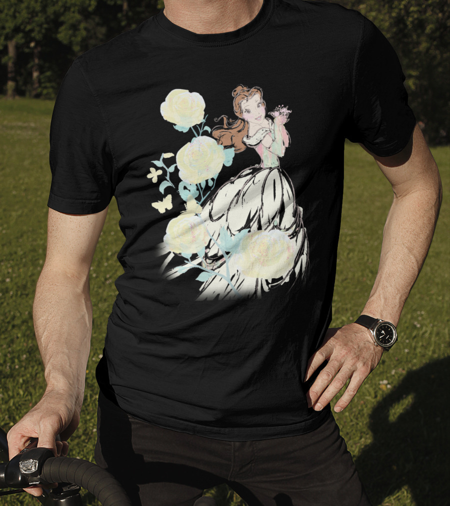 Disney Beauty The Beast Belle Yellow Watercolor Rose Butterfly T-Shirt