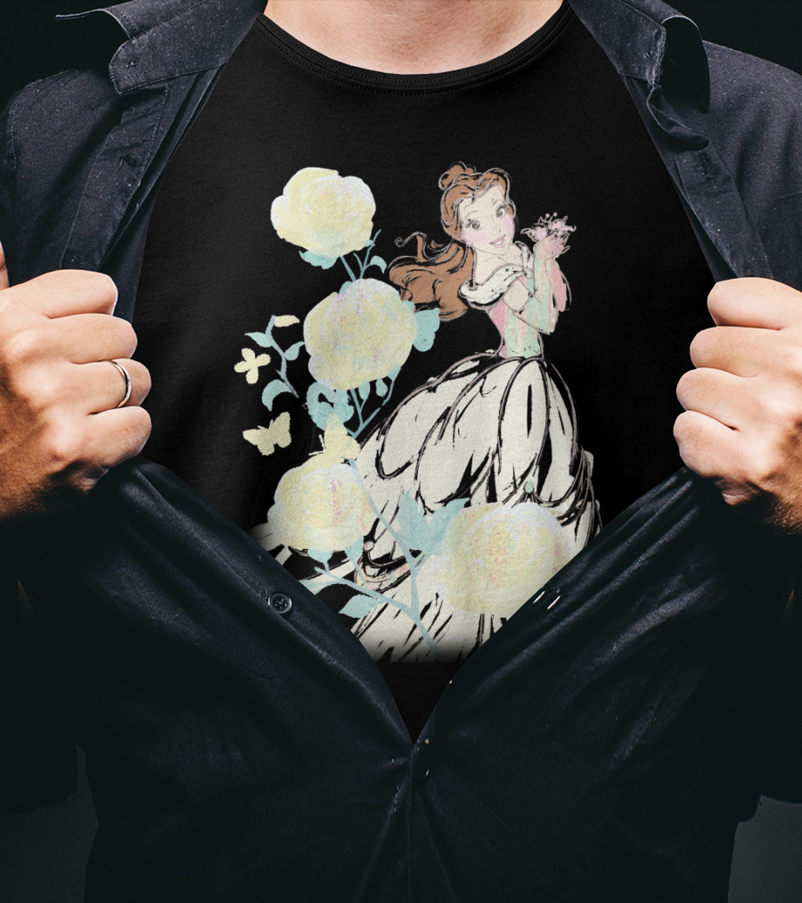 Disney Beauty The Beast Belle Yellow Watercolor Rose Butterfly T-Shirt