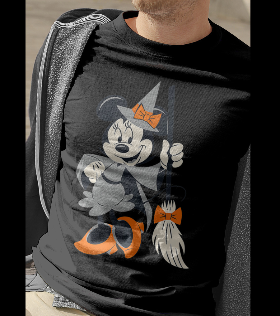 Disney Halloween Minnie Mouse Witch Costume Broomstick Orange Bows T-Shirt