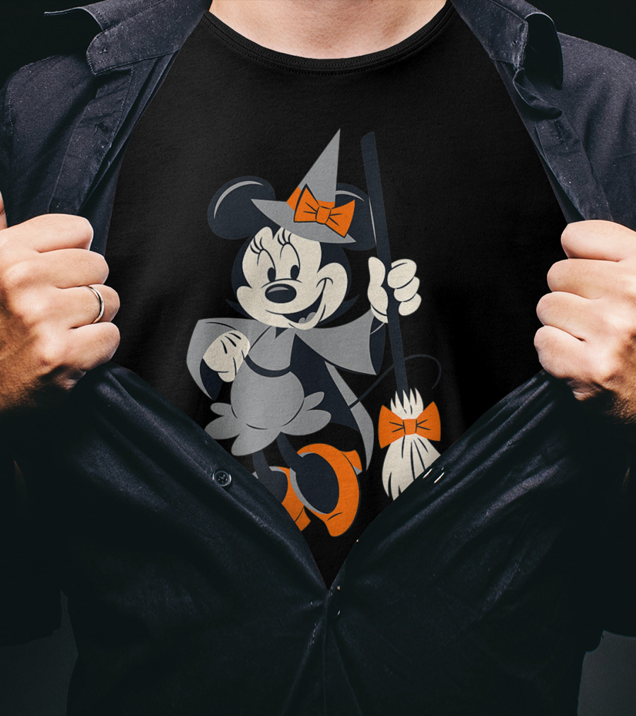 Disney Halloween Minnie Mouse Witch Costume Broomstick Orange Bows T-Shirt
