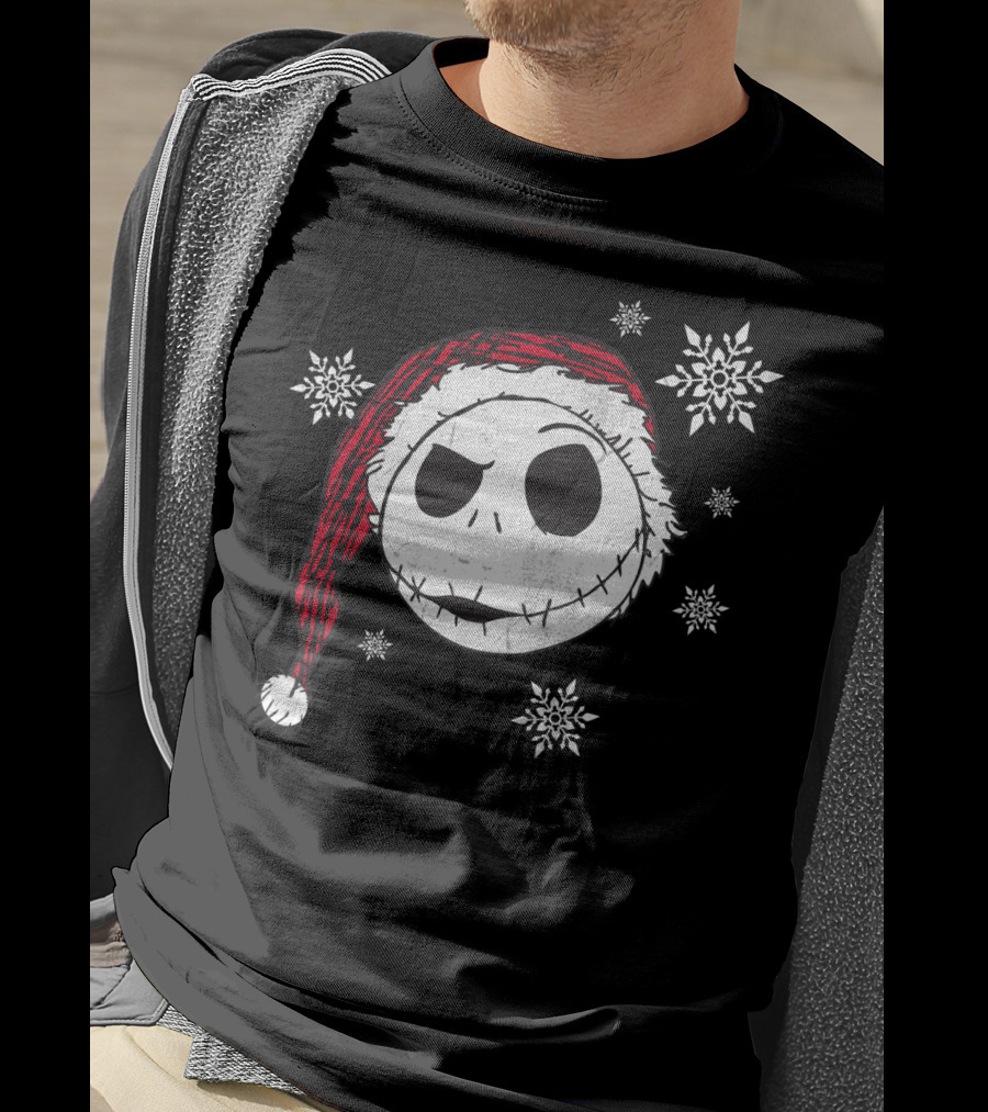 Disney Jack Skellington Santa Hat Snowflakes T-Shirt
