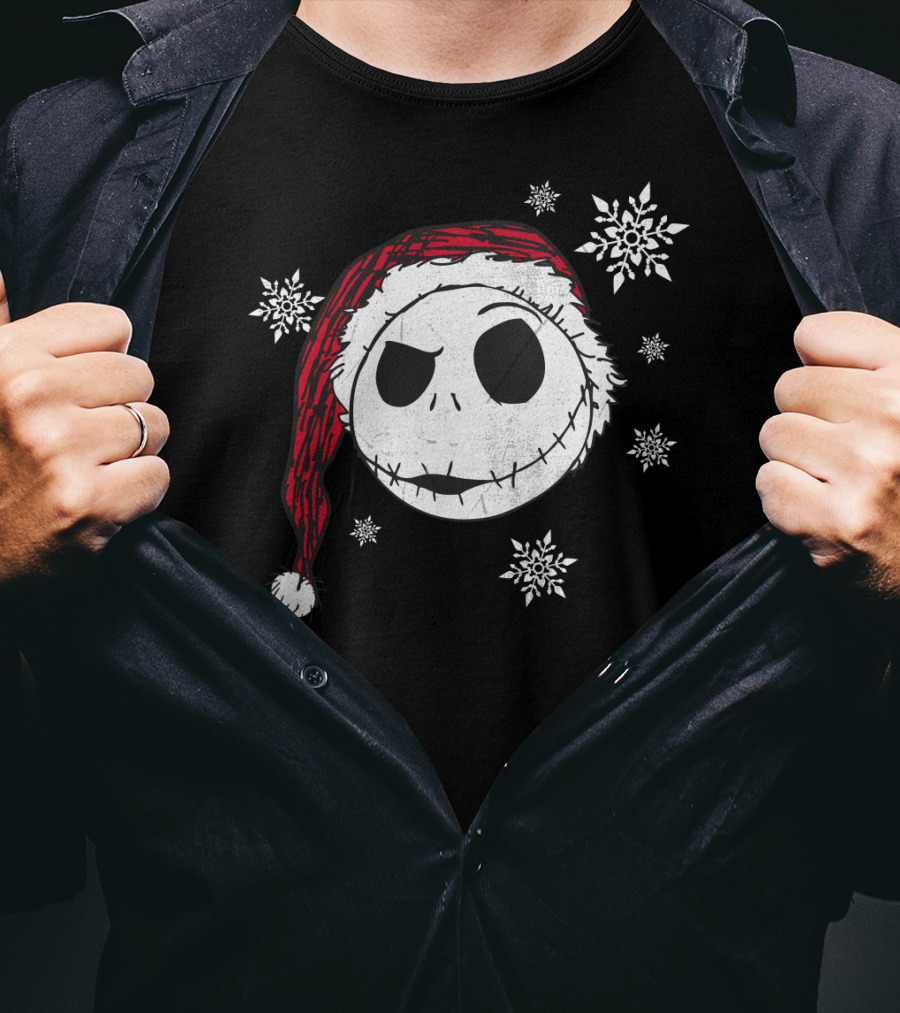 Disney Jack Skellington Santa Hat Snowflakes T-Shirt