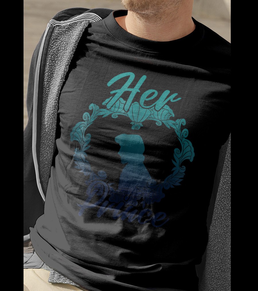 Disney Little Mermaid Eric Her Prince Silhouette Teal Floral T-Shirt