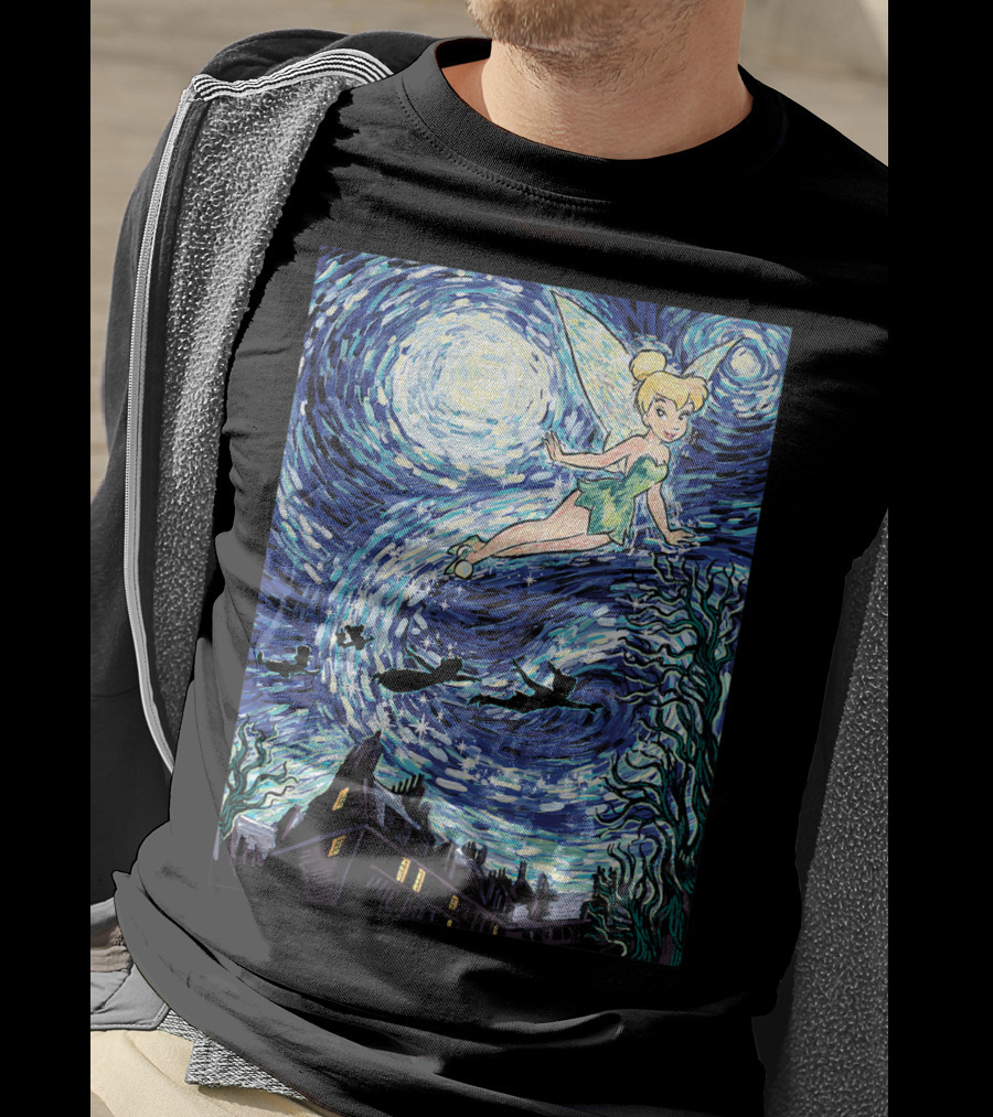 Disney Peter Pan Tinker Bell Starry Night Van Gogh Style Flight Scene T-Shirt