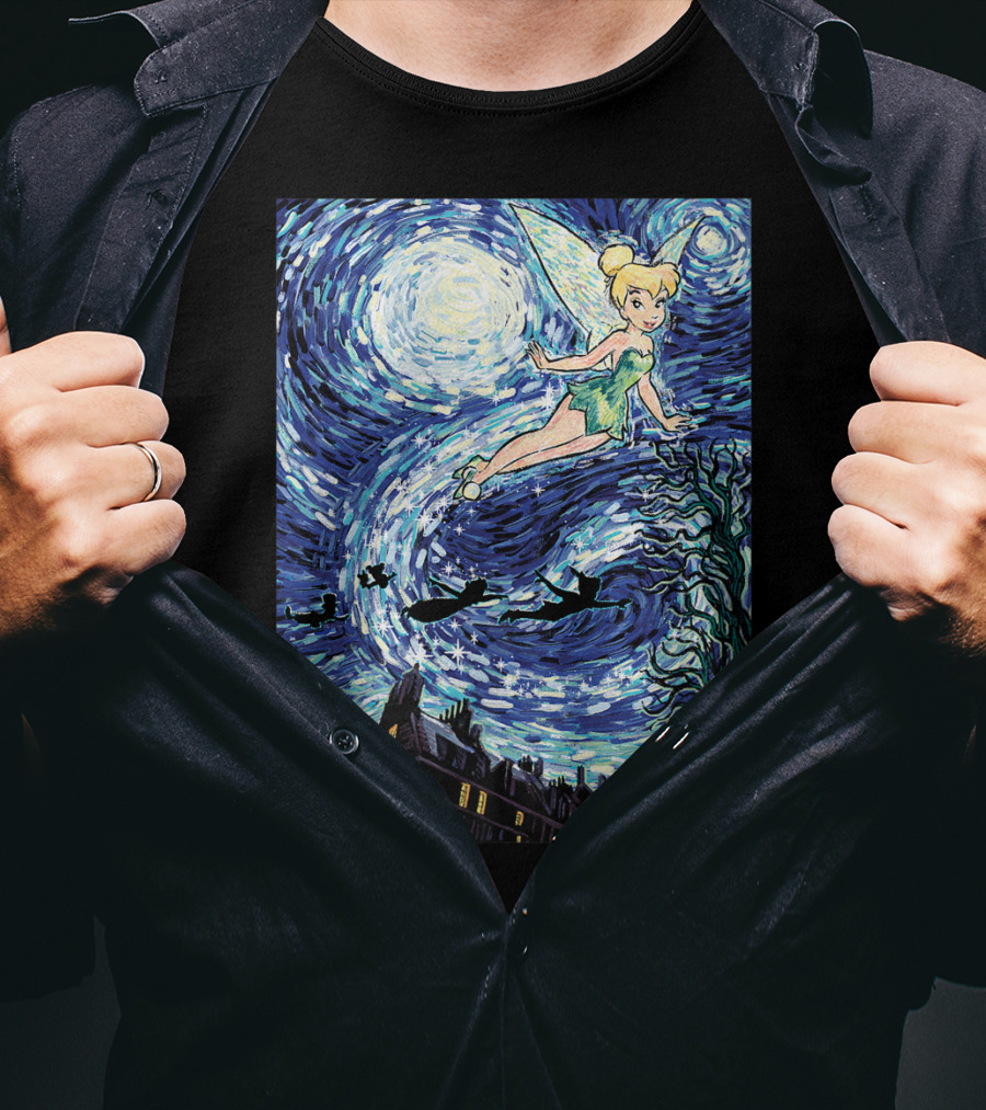 Disney Peter Pan Tinker Bell Starry Night Van Gogh Style Flight Scene T-Shirt