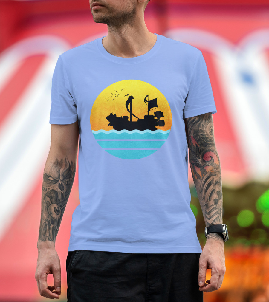 One Piece Thousand Sunny Ship Silhouette with Sunset and Ocean Waves T-Shirt