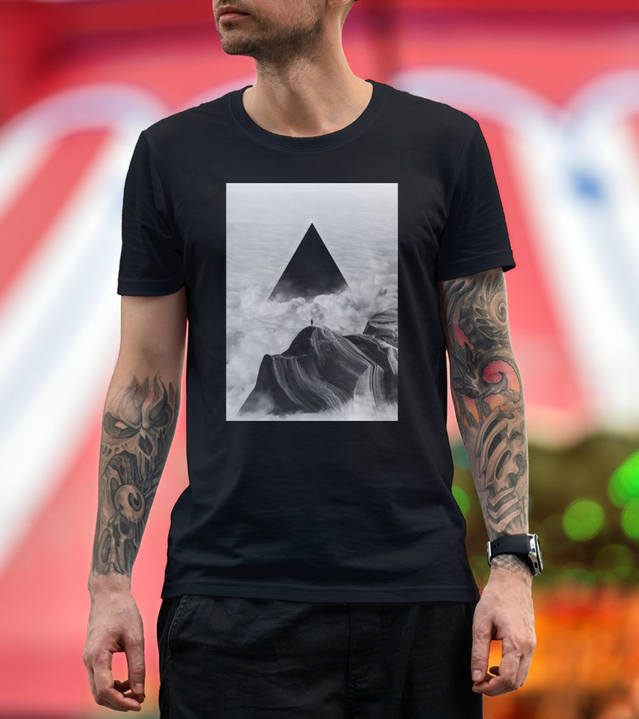 Solitary Figure on Mountain with Black Triangle Amidst Clouds - We Never Had It Anyway T-Shirt
