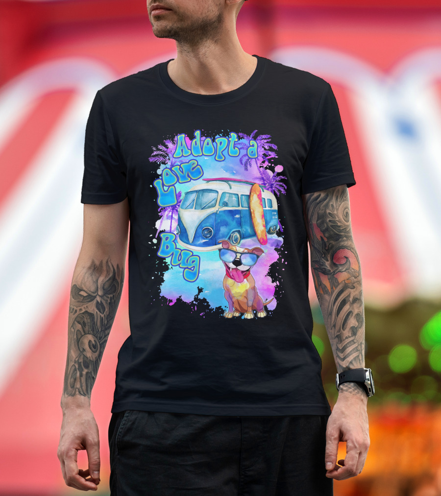 Adopt a Love Bug Pitbull with Surf Van and Palm Trees T-Shirt