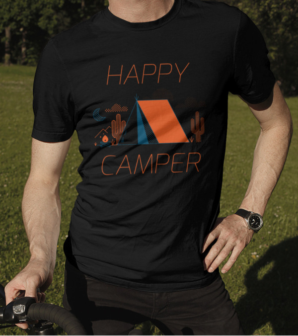 Happy Camper Tent Under Night Sky With Cacti And Campfire T-Shirt