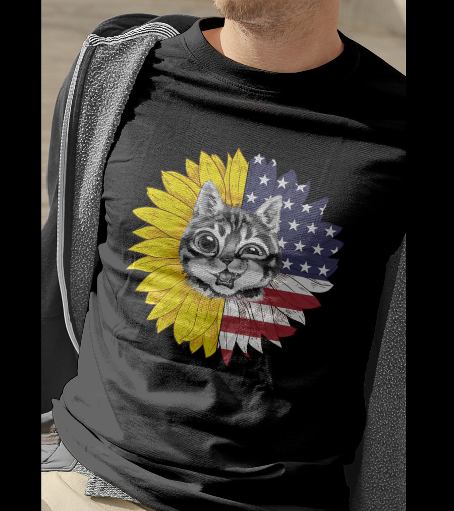 CAT LOVERS Sunflower American Flag Winking Cat T-Shirt