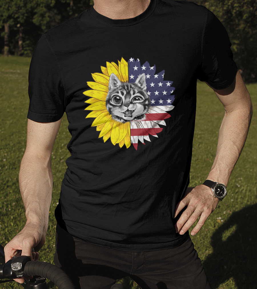 CAT LOVERS Sunflower American Flag Winking Cat T-Shirt