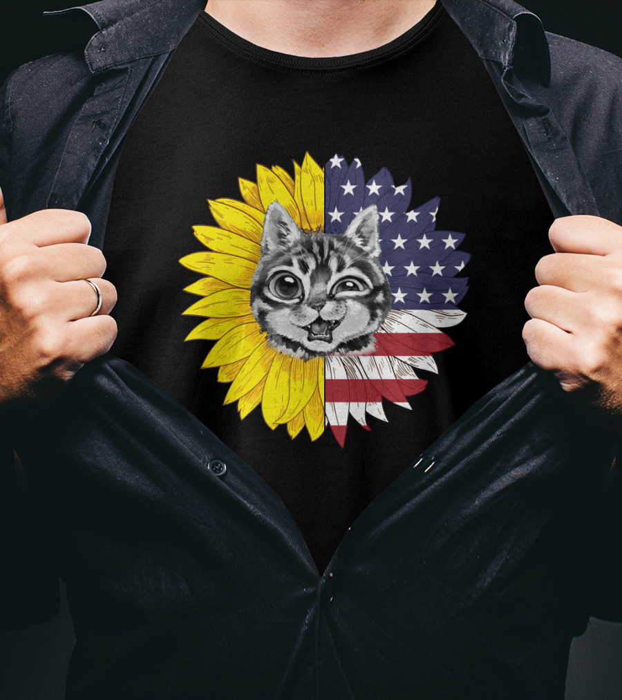 CAT LOVERS Sunflower American Flag Winking Cat T-Shirt
