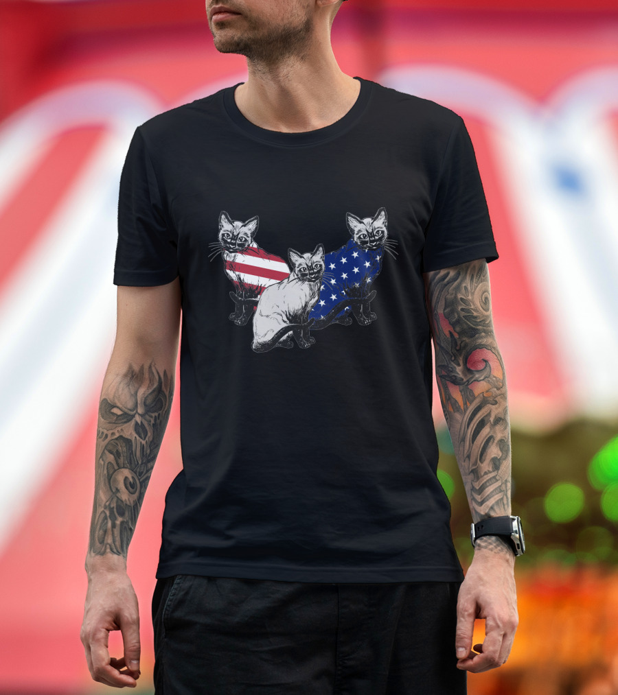 Siamese Cats American Flag July Independence Day T-Shirt