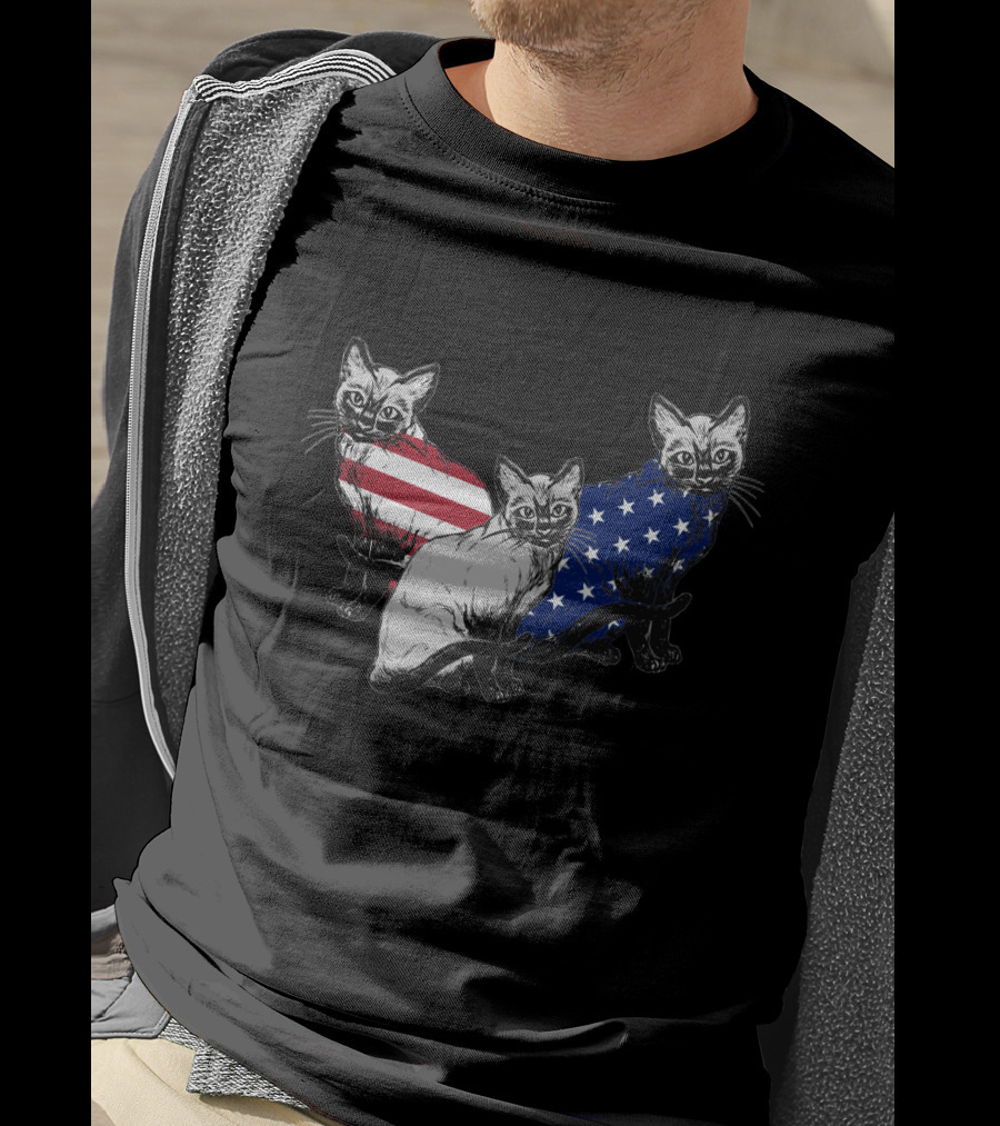 Siamese Cats American Flag July Independence Day T-Shirt