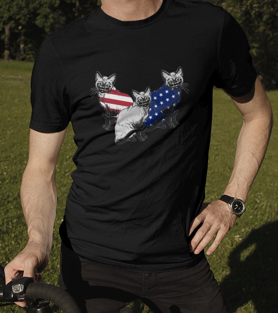 Siamese Cats American Flag July Independence Day T-Shirt