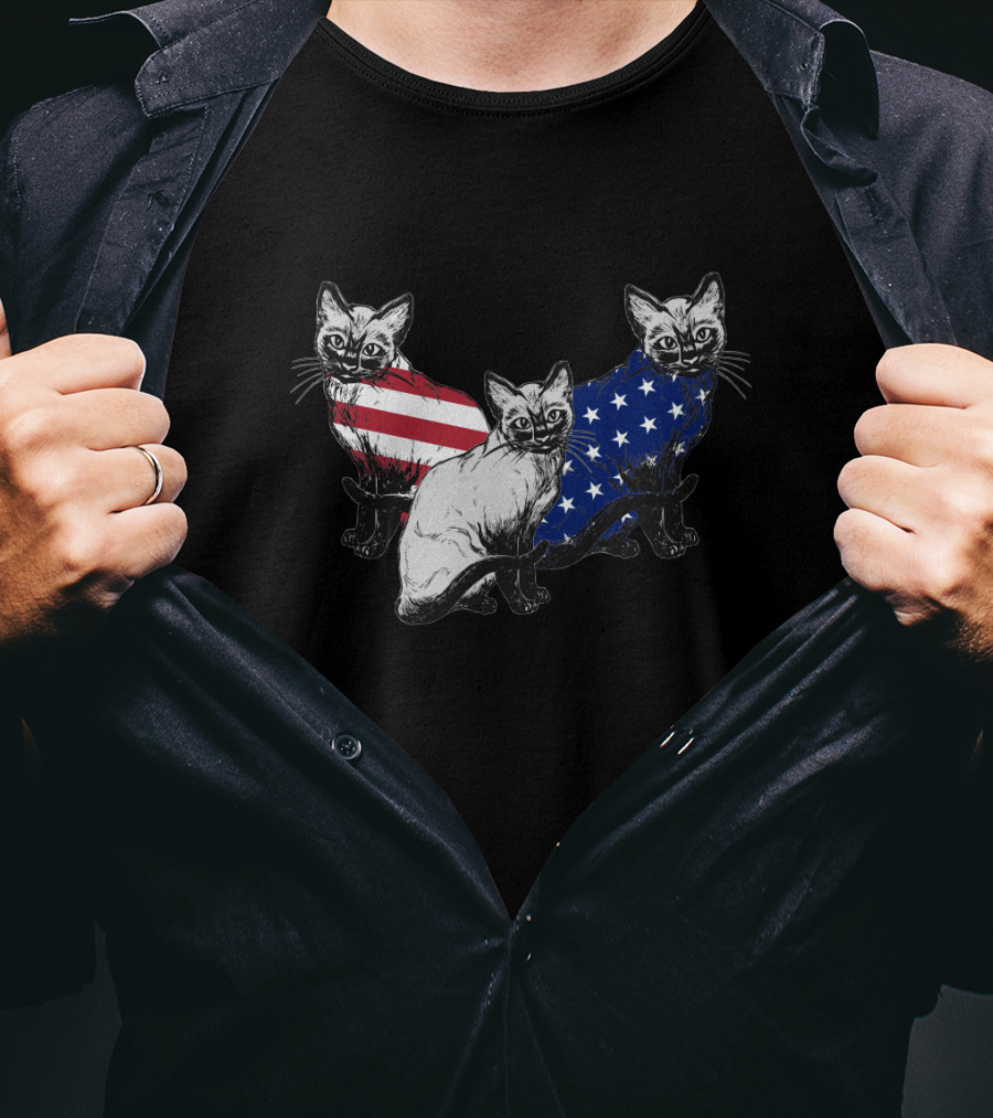 Siamese Cats American Flag July Independence Day T-Shirt