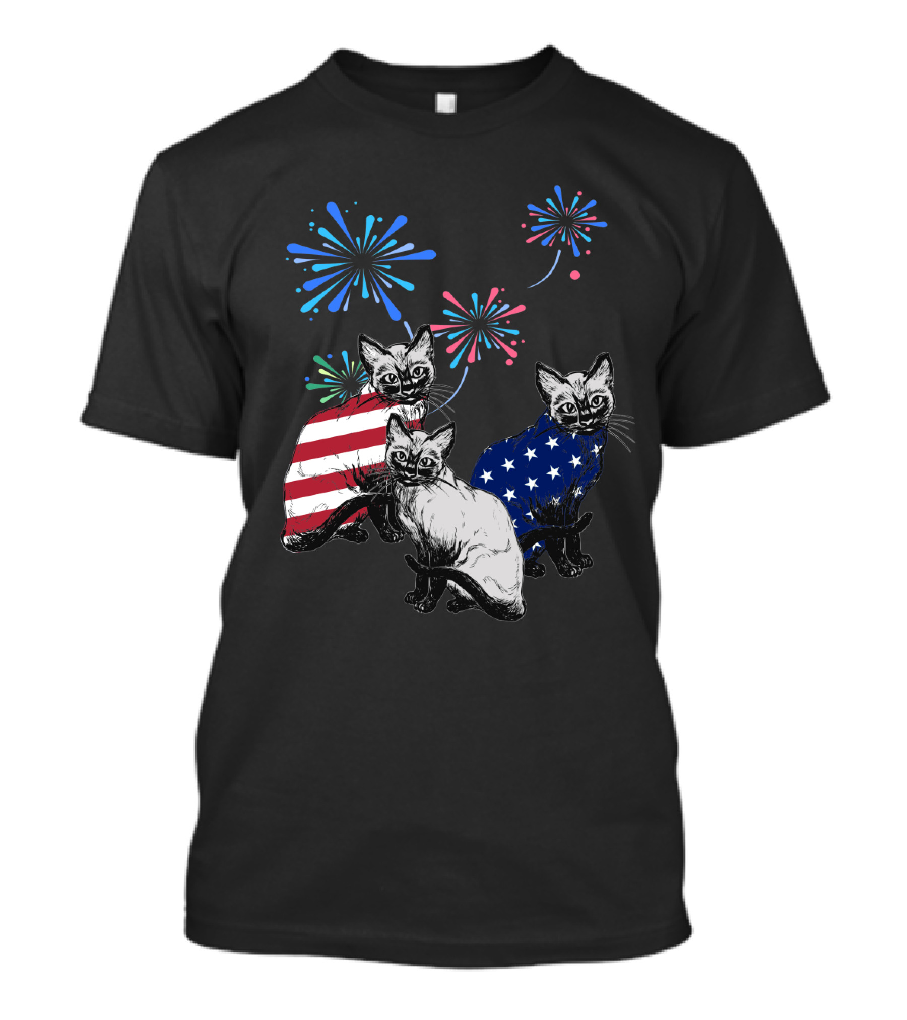 SiameseJuly Cats With Fireworks And American Flag T-Shirt