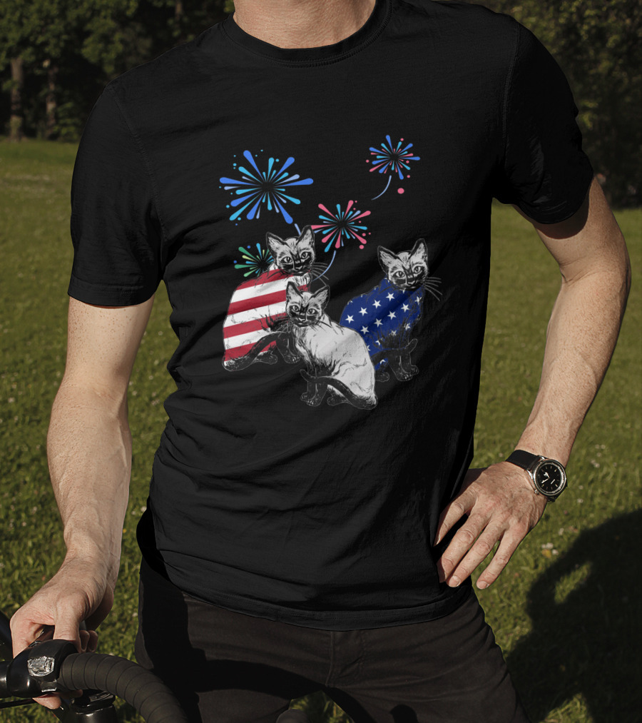 SiameseJuly Cats With Fireworks And American Flag T-Shirt